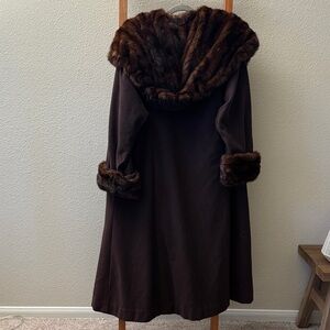 Vintage brown wool coat with mink hood and mink trim